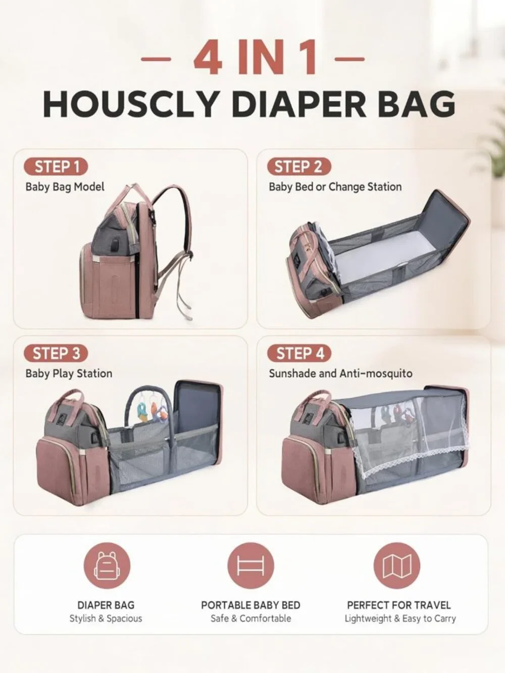 Stylish Diaper Bag Backpack with Changing Station - Pink Baby Essentials for New